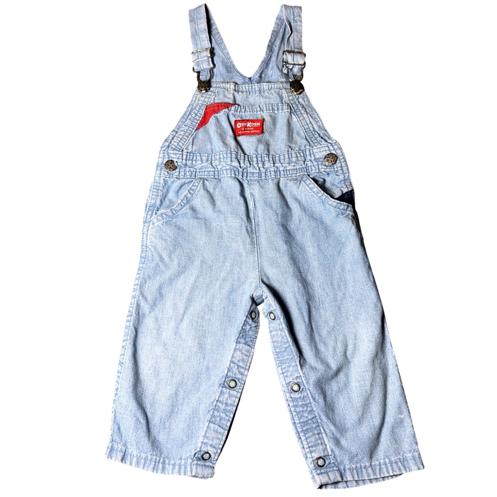 Vintage OshKosh Bgosh Baby Denim Overalls Light Wash Red Accent 6-9M